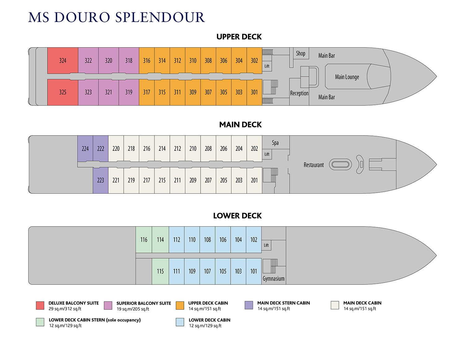 Full deck plan of the MS Douro Splendour ship