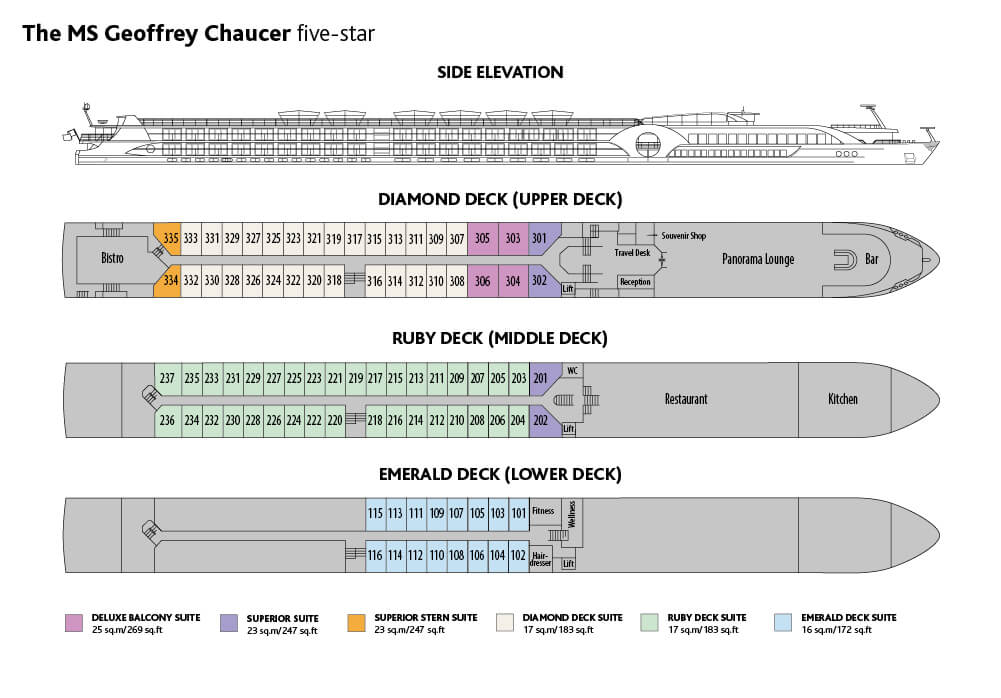 Full deck plan of the MS Geoffrey Chaucer ship