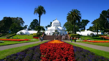 A white conservatory ina lush garden surrounded by palm trees and red, orange and purple flower