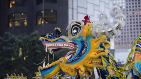 Painted blue and yellow dragon mask