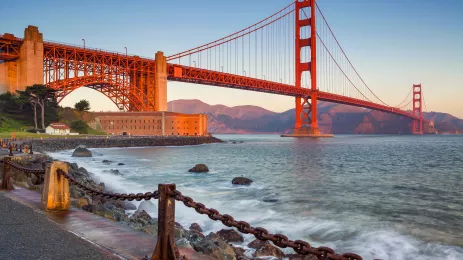 Golden Gate Bridge during sunrise in San Francisco, California