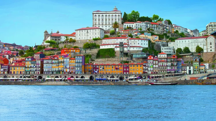 View of Porto city colourful buildings and waterfront from the river Douro in Portugal