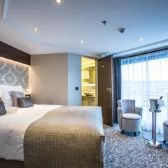 Interior of double bedroom aboard the Thomas Hardy ship