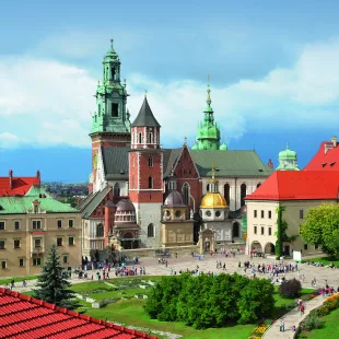 View of Wawel Cathedral and surrounding buildings in Krakow, Poland