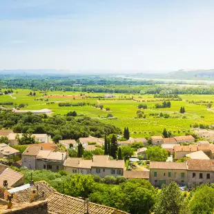 View from ruins of a castle of Châteauneuf-du-Pape town in Vaucluse, France