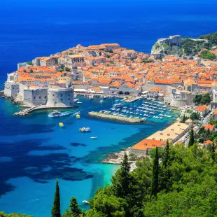 A panoramic view of the walled city, Dubrovnik Croatia and it's surrounding blue ocean waters