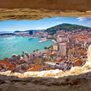 Split bay aerial view through stone window in Dalmatia, Croatia