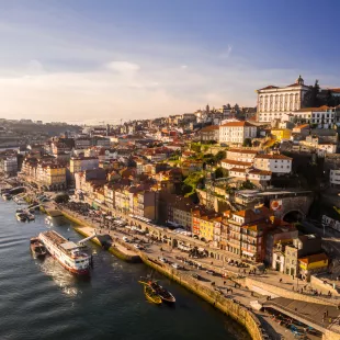 Aerial view of old town of Porto at sunset in Portugal.