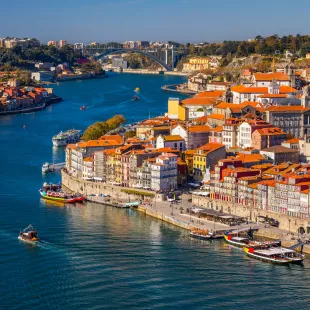 Panorama of old town and the Douro River in Porto, Portugal.