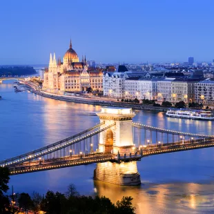 Chain Bridge and city skyline at night in Budapest, Hungary