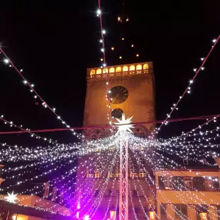 Christmas market lights in front of Speyer Cathedral at night, Germany