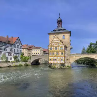 Bamberg City Hall on a bridge across the river Regnitz, Germany