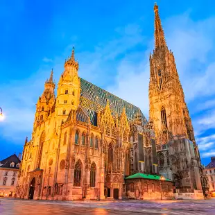 St. Stephen's Cathedral basked in the glow of evening streetlights, Vienna