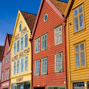 Row of brightly coloured Bryggen buildings in Bergen, Norway