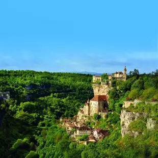 Rocamadour medieval town with lush vegetation in Lot, France