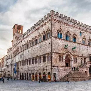 View of Palazzo dei Priori, historical building in the city centre of Perugia, Italy.