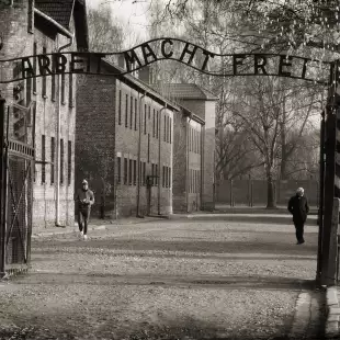 Black and white image of Auschwitz concentration camp gate, Poland