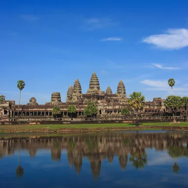 Angkor Wat temple complex being reflected in the water in Cambodia, Southern Asia