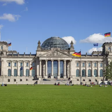 Exterior front shot of the Reichstag dome building in Germany