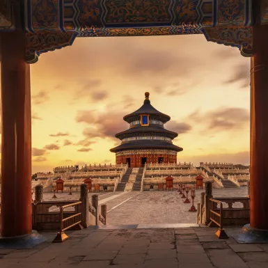 The Temple of Heaven, Tiantan, against a late sunset in Beijing, China.