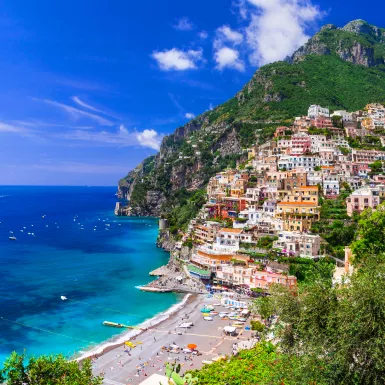 The Amalfi Coast with houses and beautiful blue sea in Italy