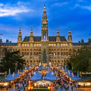 Traditional Christmas market at Vienna Town Hall at night in front of town hall