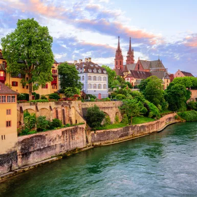 The Old Town of Basel with red stone Munster cathedral and the Rhine river, Switzerland