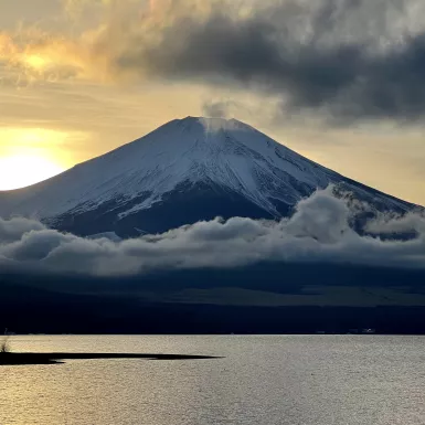 Stunning view of Mount Fuji and Lake Kawaguchi at sunset in Japan