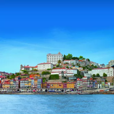 View of Porto city colourful buildings and waterfront from the river Douro in Portugal