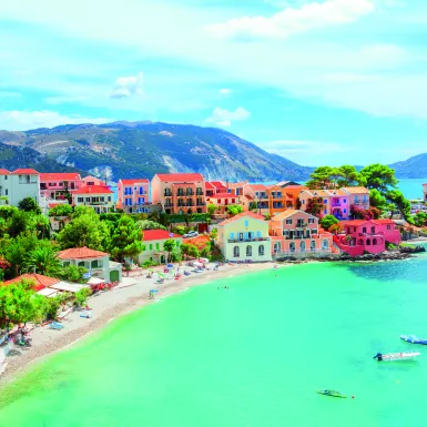 Assos village on Kefalonia Island and beautiful blue bay in Greece