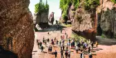 Hopewell rocks with vegetation growing on top with admiring crowds of tourists at their base