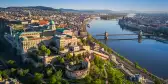 Skyline view of Budapest at sunrise with Szechenyi Chain Bridge over the Danube river in Hungary