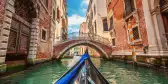 View from gondola during the ride through the canals in Venice, Italy.