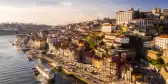 Aerial view of old town of Porto at sunset in Portugal.