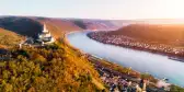 Aerial view of Braubach with the Marksburg castle and the river Rhine in Germany