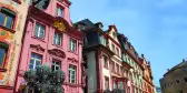  Old decorative houses at the main city square in Mainz, Germany