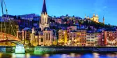 Famous view of Lyon with Saone river at night