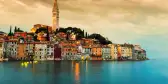 Rovinj old town at night in the Adriatic sea coast of Croatia, Europe