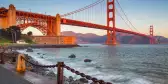 Golden Gate Bridge during sunrise in San Francisco, California