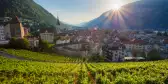 Cityscape image of Chur town and vineyards during sunset in Switzerland