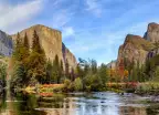 View of cliffs, trees and water in Yosemite National Park, California, USA