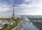 Aerial view of Paris with Eiffel tower and Seine river during sunset, France