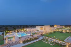 Exterior aerial view of the Welcomhotel Jodhpur Hotel at night in Rajasthan, India