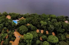 Aerial view of Aninga Eco Lodge and vegetation in Tortuguero, Costa Rica