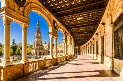 Seville's Plaza with traditional bridge detail in Andalusia, Spain