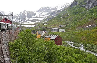 Passenger view of the snow clad field of Norway, from the Flåm Railway Line train.