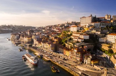 Aerial view of old town of Porto at sunset in Portugal.