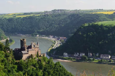 Aerial view of Castle Katz and River Rhine in Germany