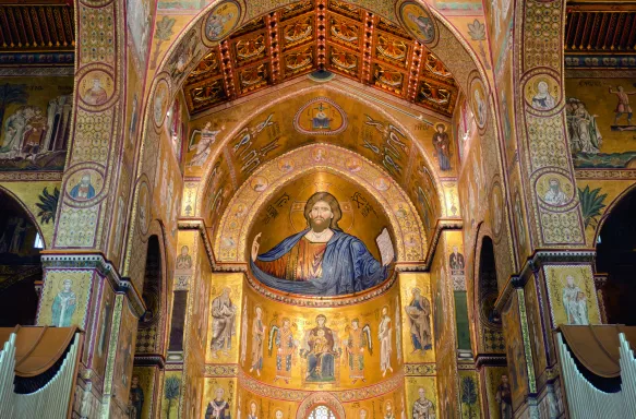 The grand religious artworks adorning the walls of the Cathedral of Monreale in Sicily, Italy