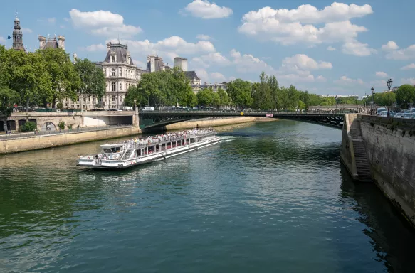 Boat sailing on the River Seine in Paris, France